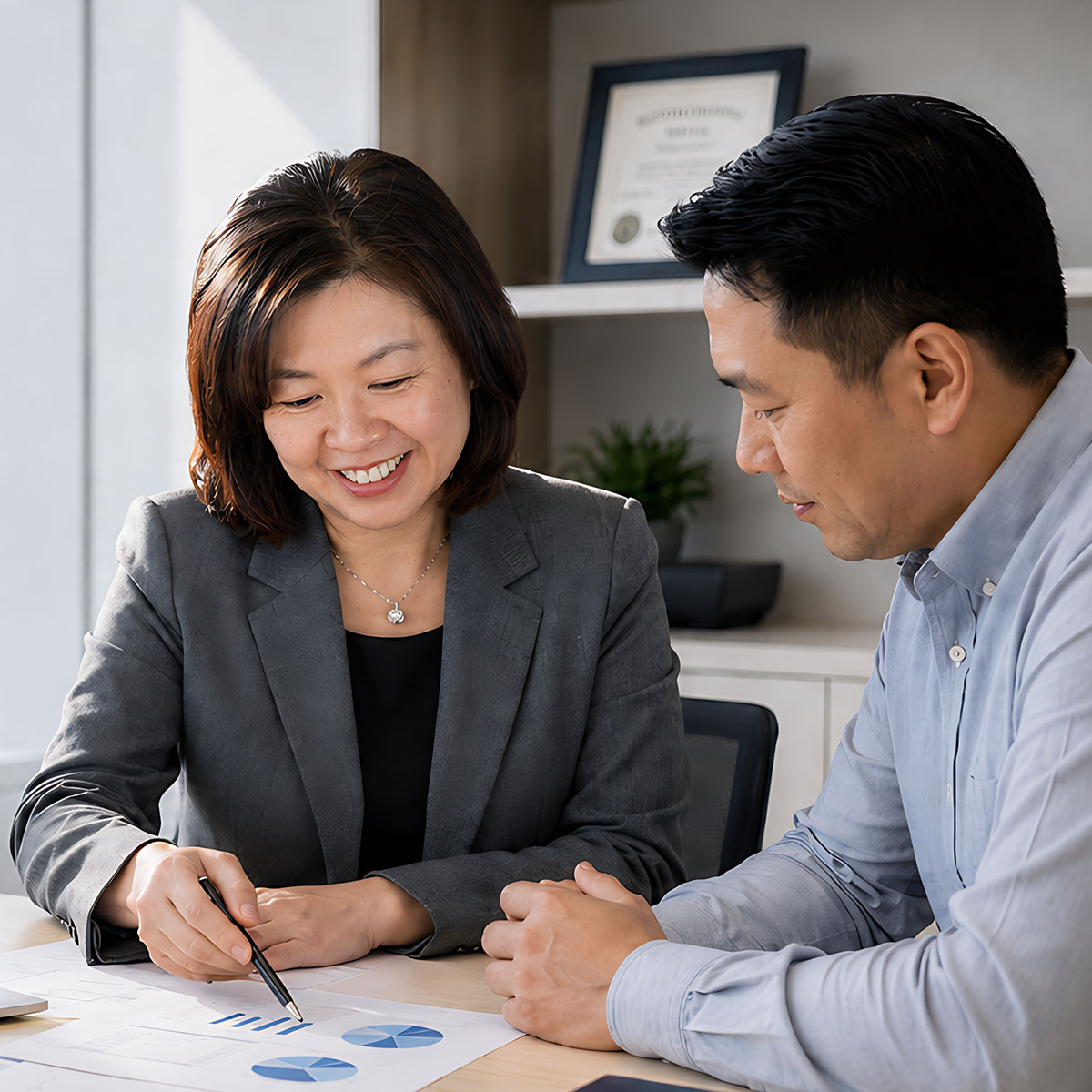Accountant reviewing financial reports with a business owner during a fraud risk assessment
